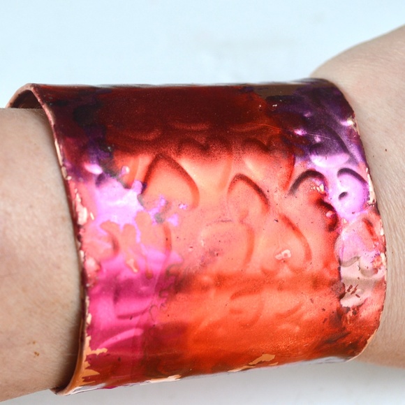 Pink Red Purple Hearts Copper Cuff Bracelet Wide Handmade Boho Gift Statement - Picture 7 of 8